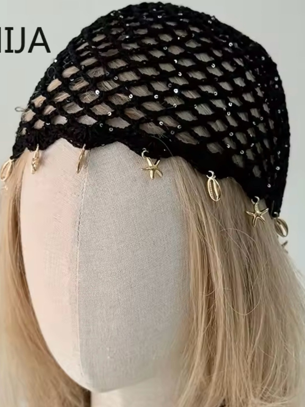Norwex Black Sequin Net Hair Scarf with Gold Star and Shell Charms